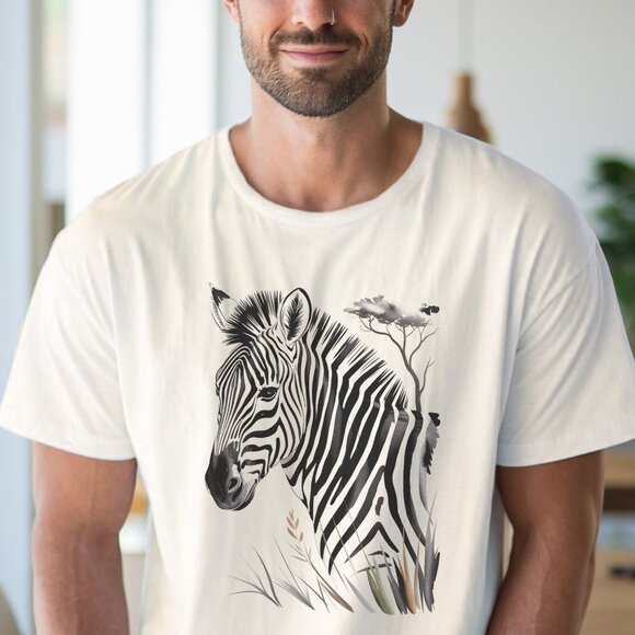 Zebra Graphic Safari Animal Shirt with Wild Grass and Tree Design - Picture 4 of 7